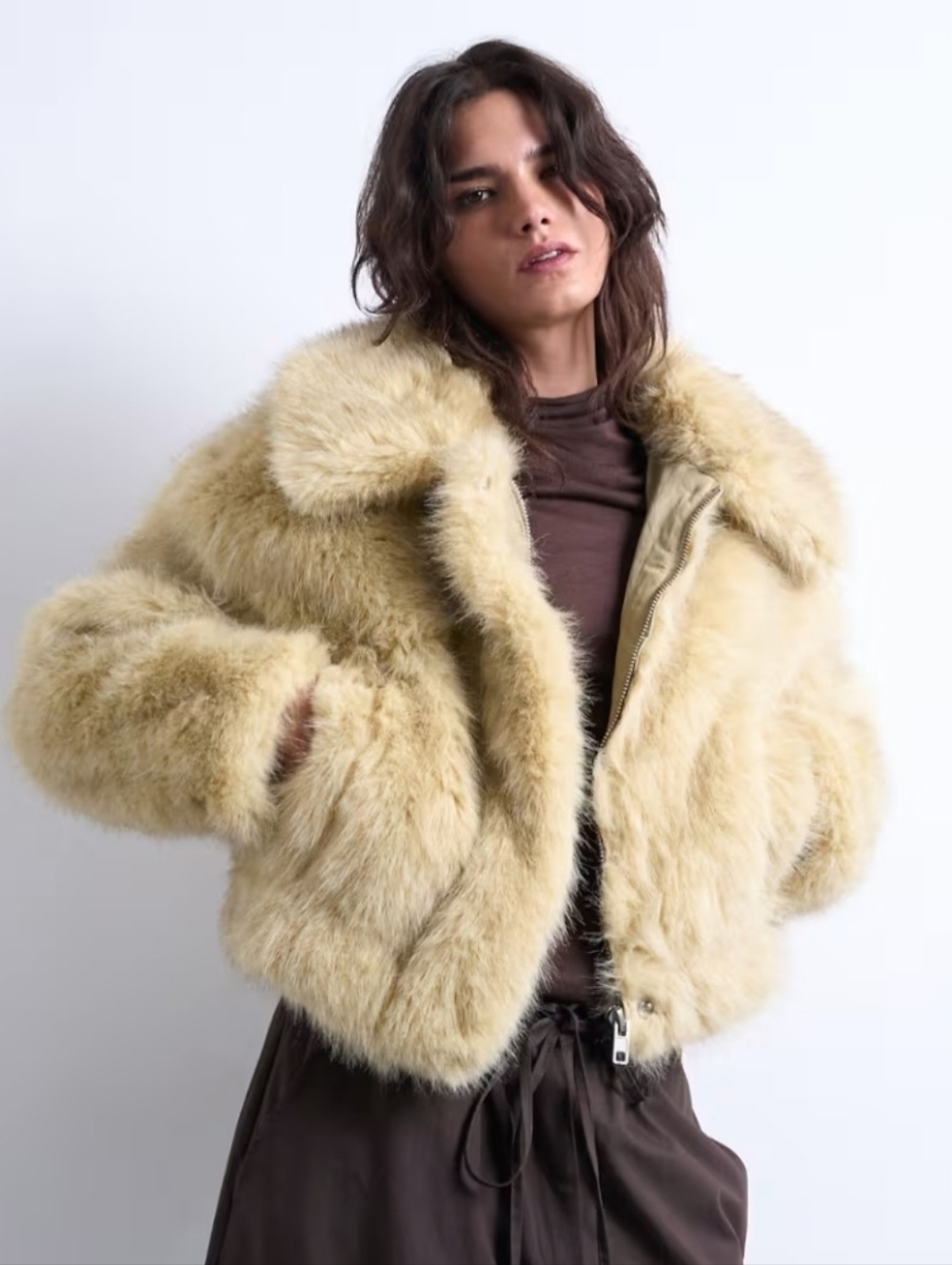 Topshop Faux Fur Bomber Jacket S Beige Pastel Zip Thru Cozy Oversized New $160